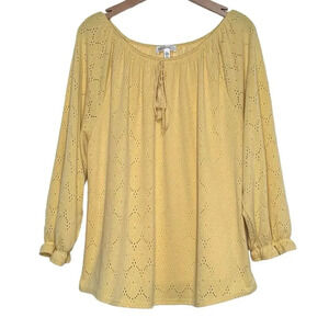 Rafaella XL yellow long sleeve top ruffled wrist eyelet‎ print